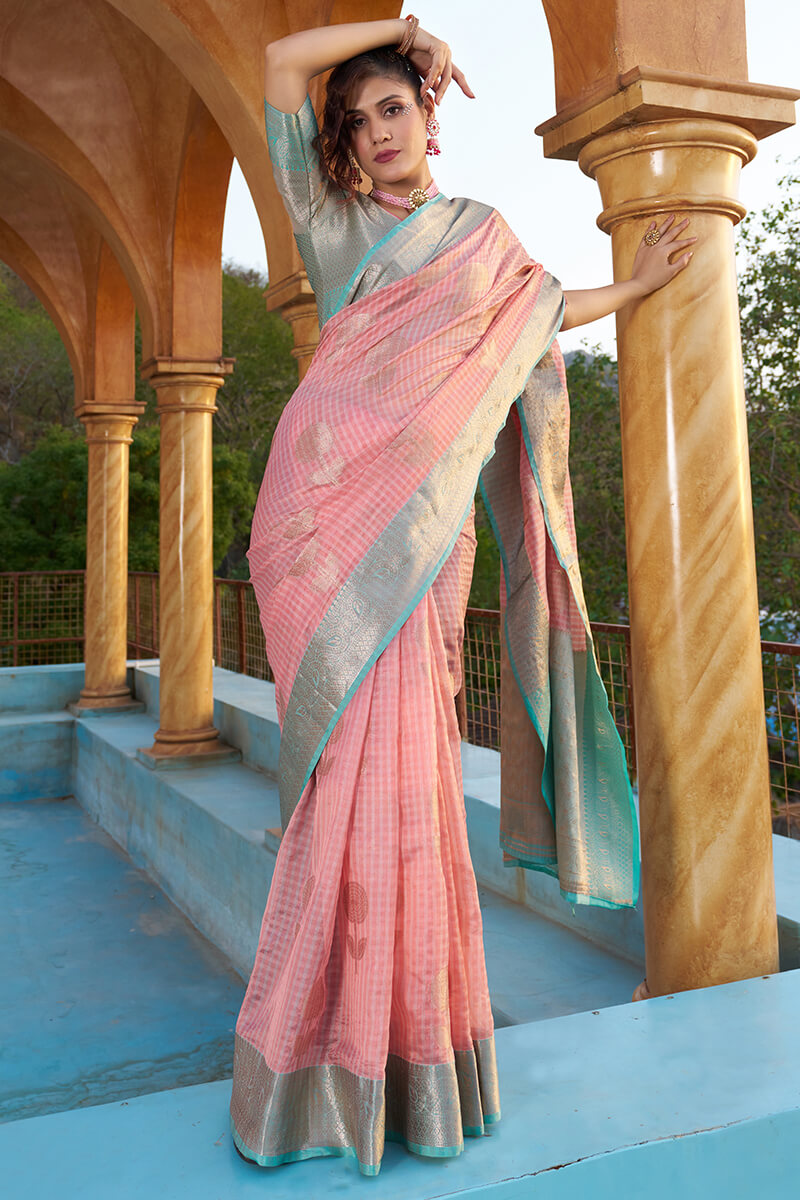 Seraglio Baby Pink Organza Silk Saree With Vestigial Blouse Piece
