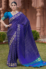 Lassitude Royal Blue Pure Zari Weaving Banarasi Silk Saree With Incomparable Blouse Piece