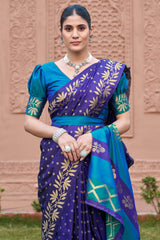 Lassitude Royal Blue Pure Zari Weaving Banarasi Silk Saree With Incomparable Blouse Piece
