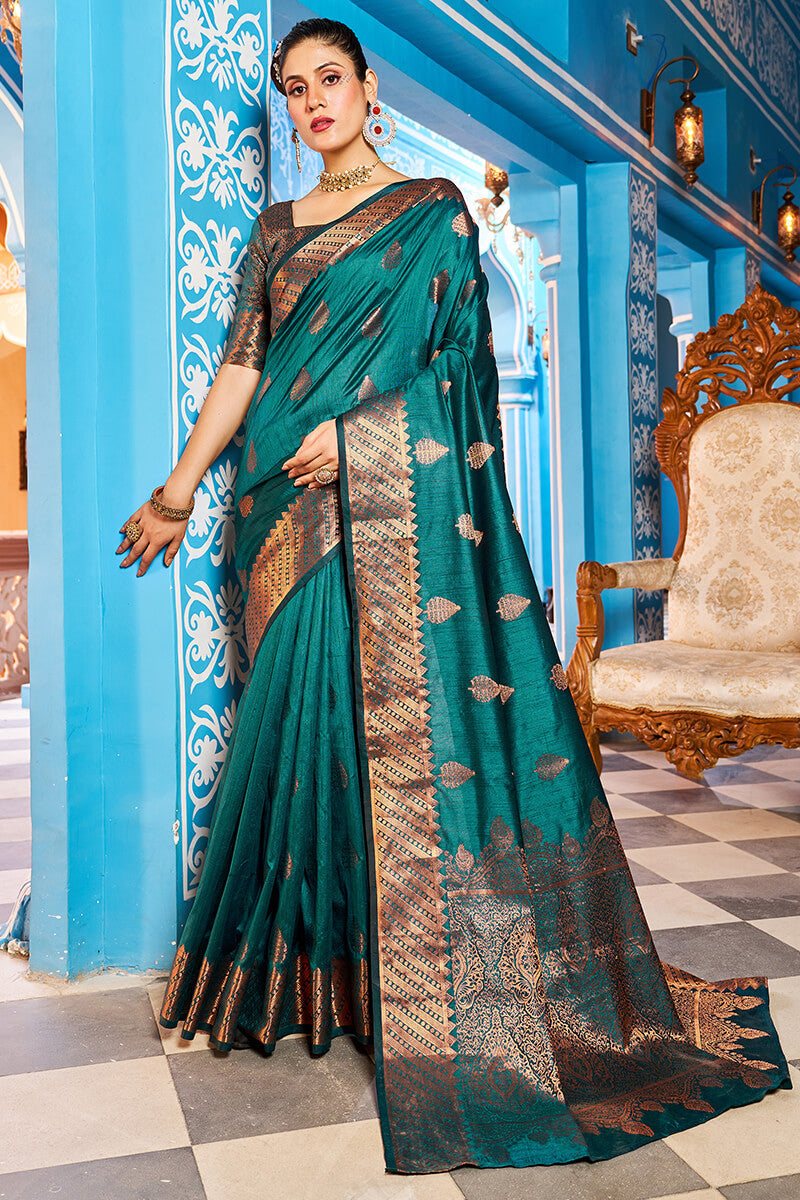 Prominent Rama Banarasi Silk Saree With Blissful Blouse Piece