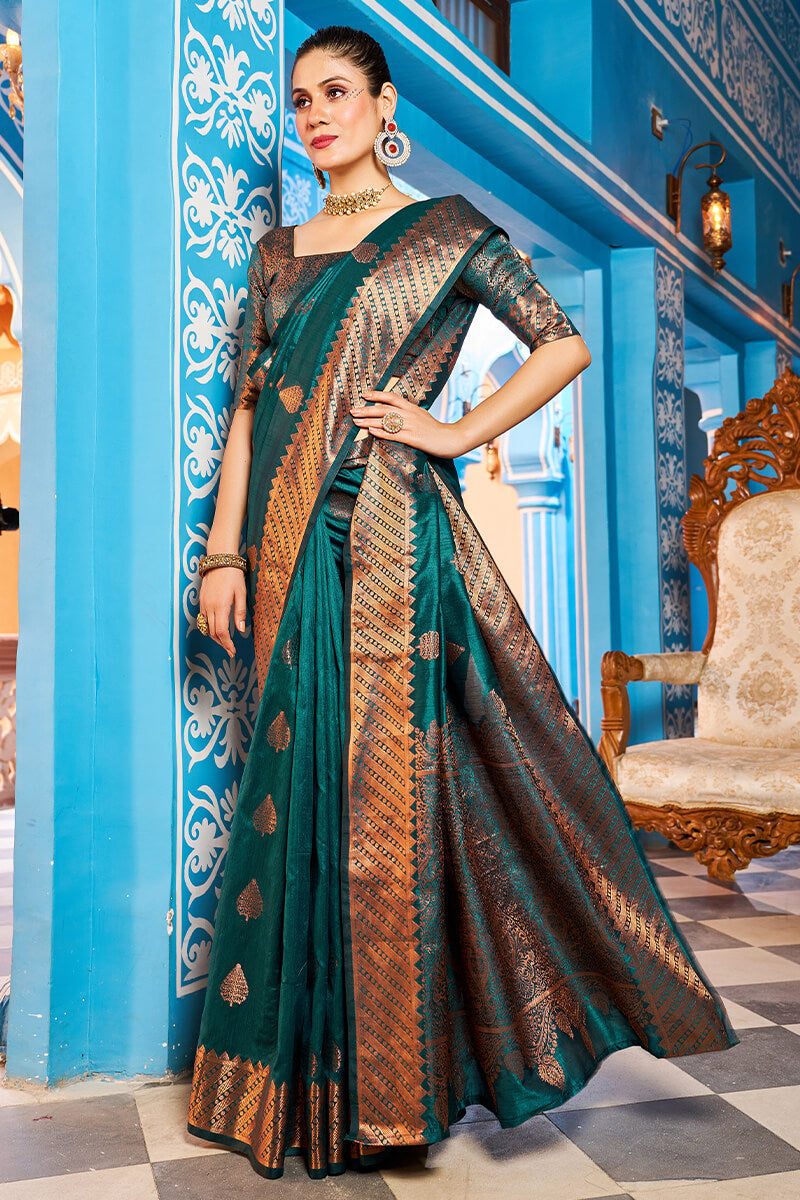 Prominent Rama Banarasi Silk Saree With Blissful Blouse Piece