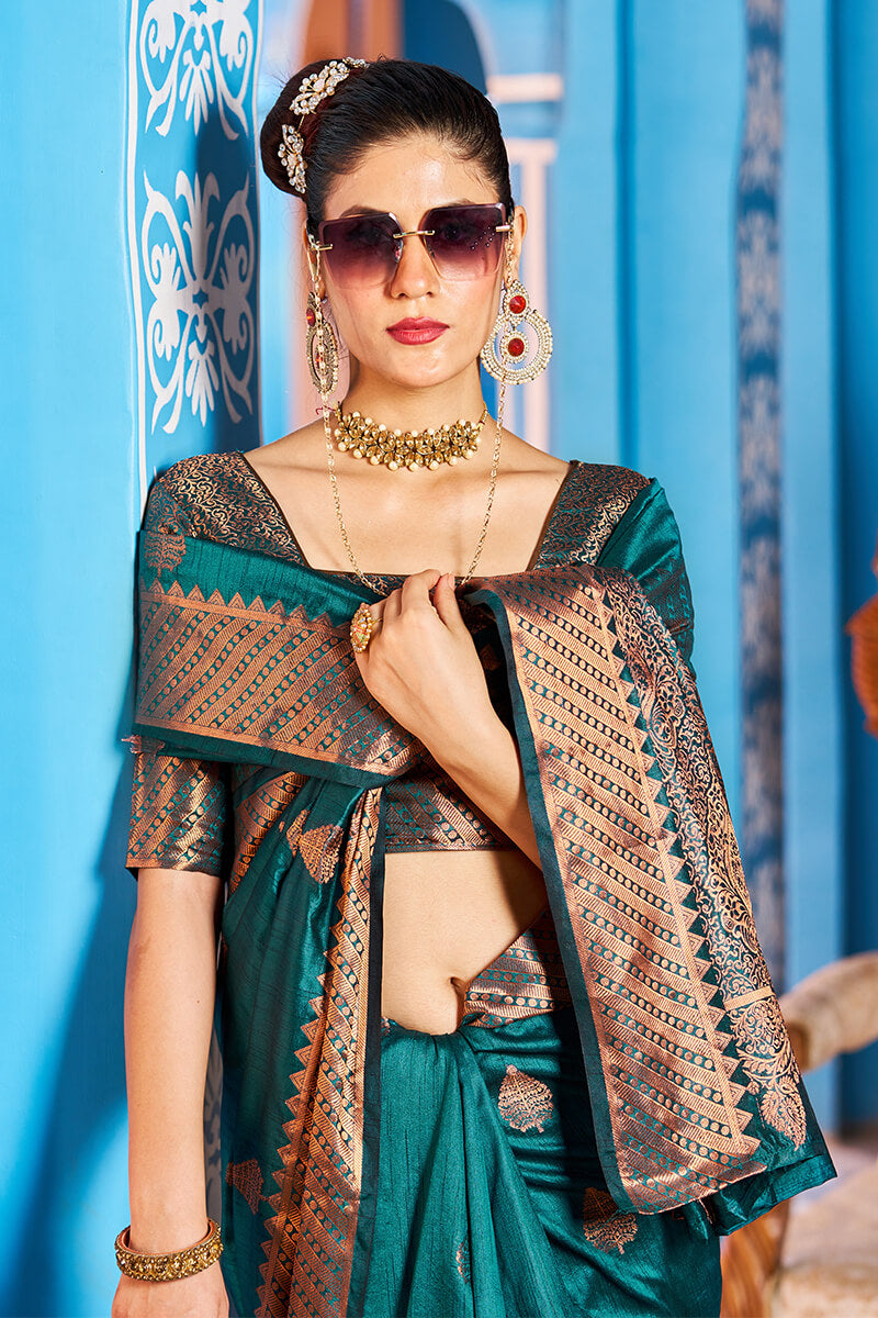 Prominent Rama Banarasi Silk Saree With Blissful Blouse Piece