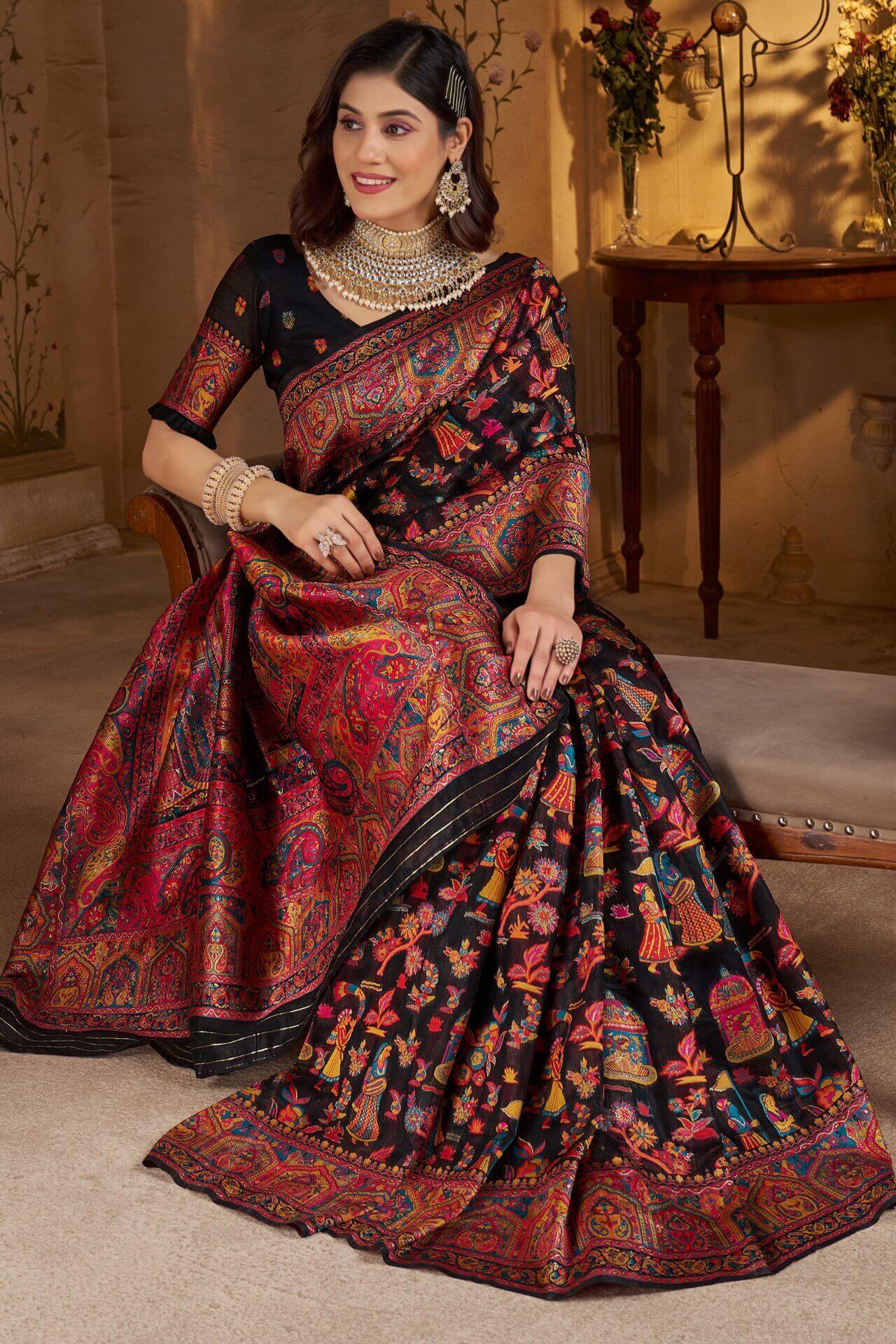 Dissemble Black Pashmina Saree With Forbearance Blouse Piece
