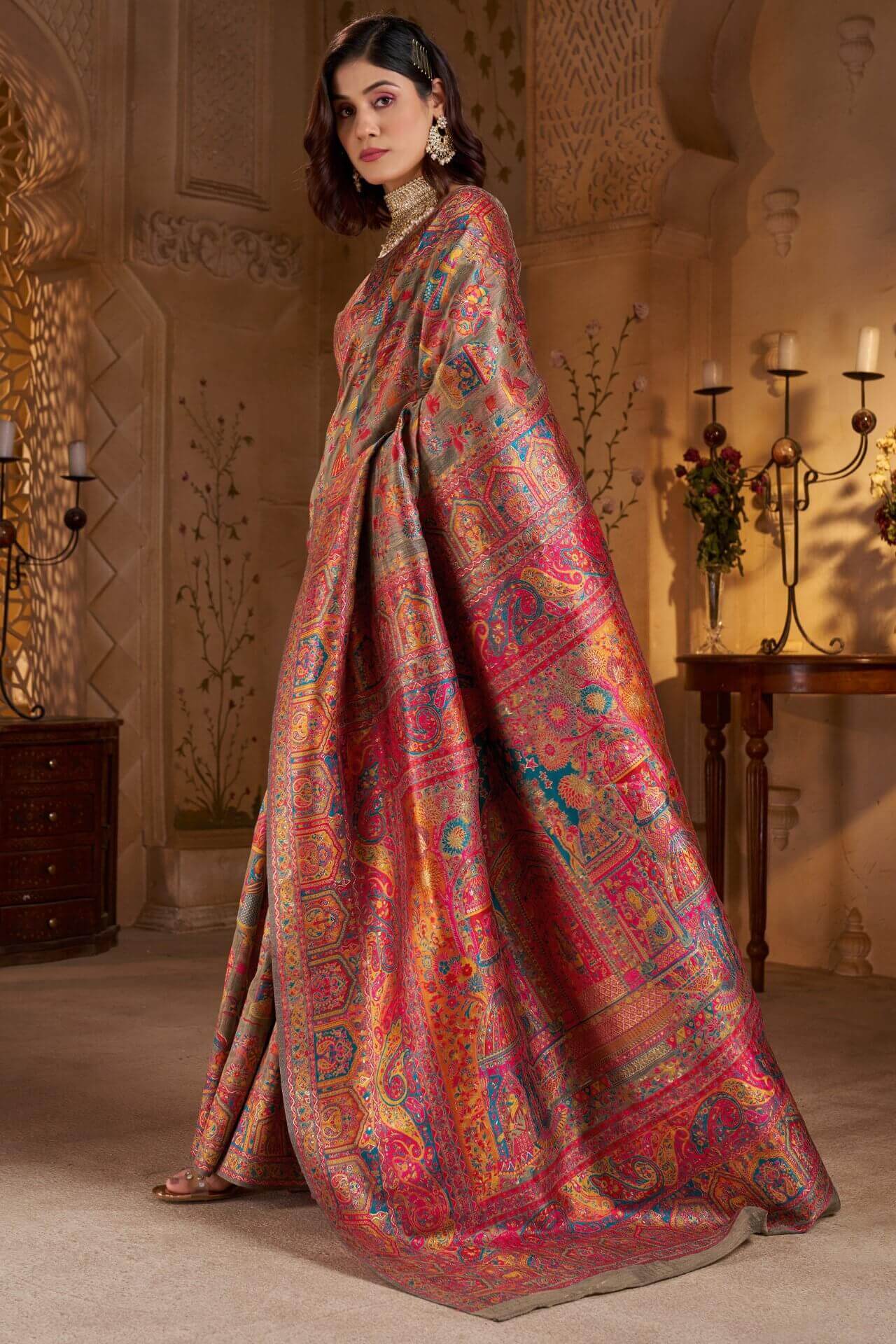 Demanding Grey Pashmina Saree With Super classy Blouse Piece