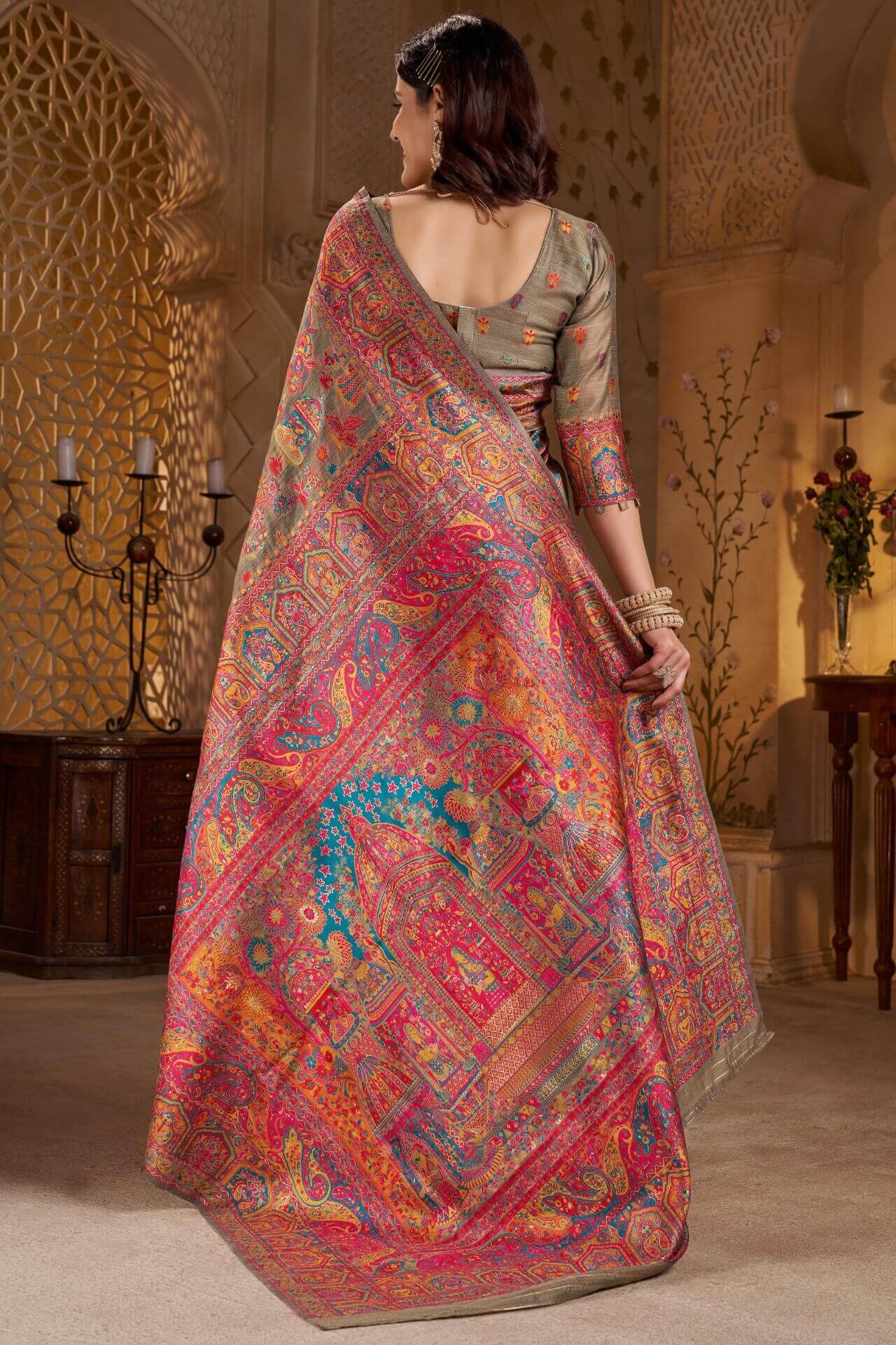Demanding Grey Pashmina Saree With Super classy Blouse Piece