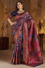 Diaphanous Navy Blue Pashmina Saree With Sumptuous Blouse Piece