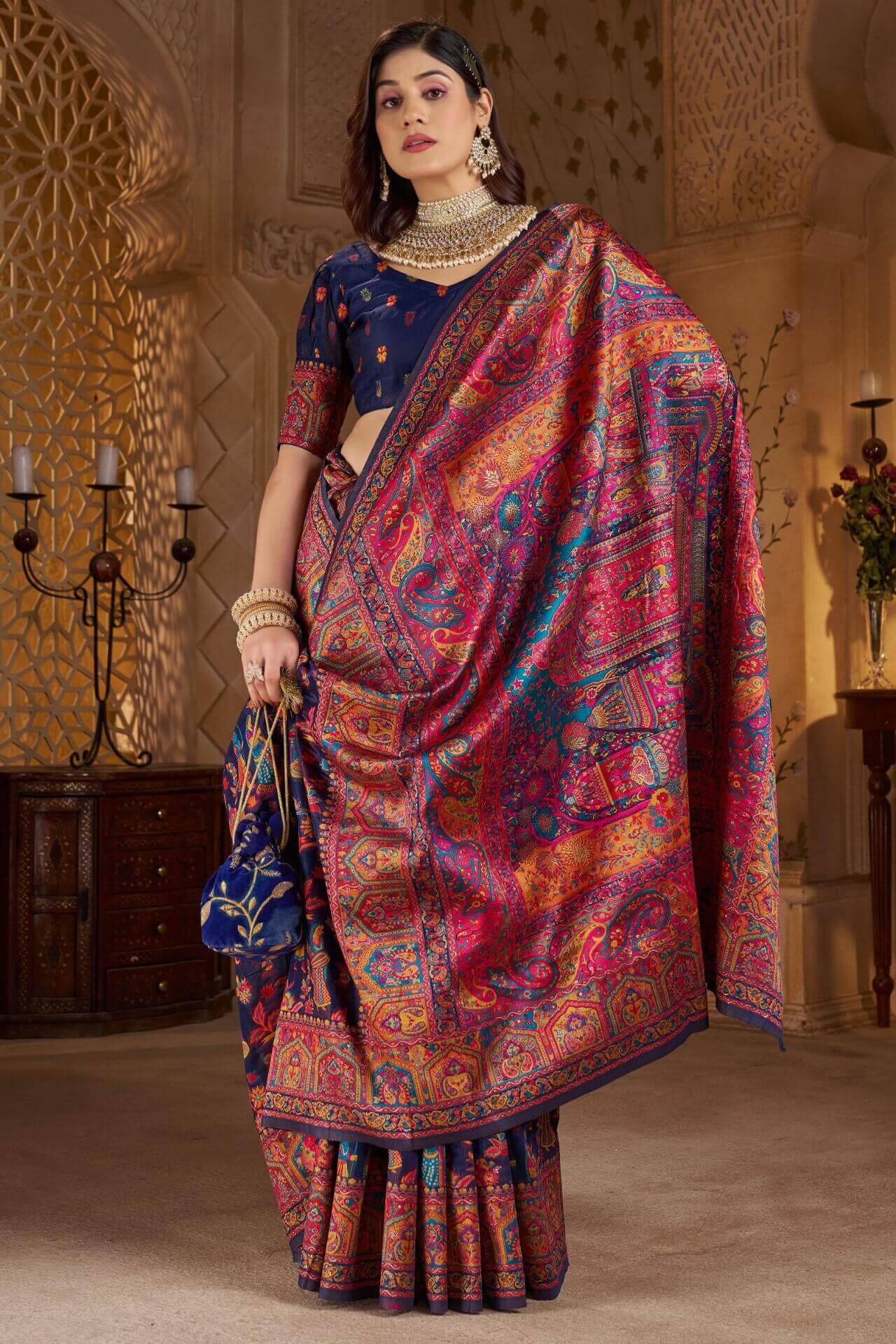 Diaphanous Navy Blue Pashmina Saree With Sumptuous Blouse Piece