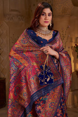 Diaphanous Navy Blue Pashmina Saree With Sumptuous Blouse Piece