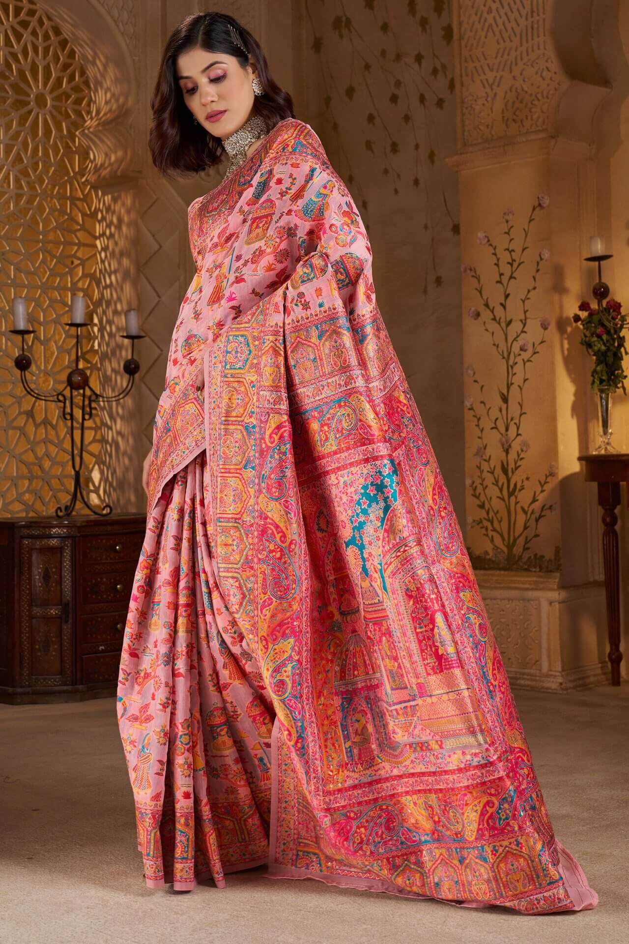 Vestigial Pink Pashmina Saree With Hypnotic Blouse Piece