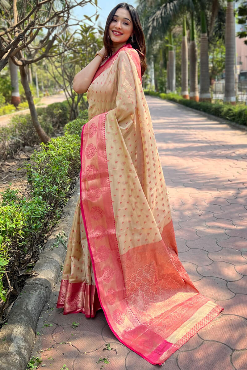 Dulcet Beige Soft Banarasi Tissue Silk Saree With Entrancing Blouse Piece