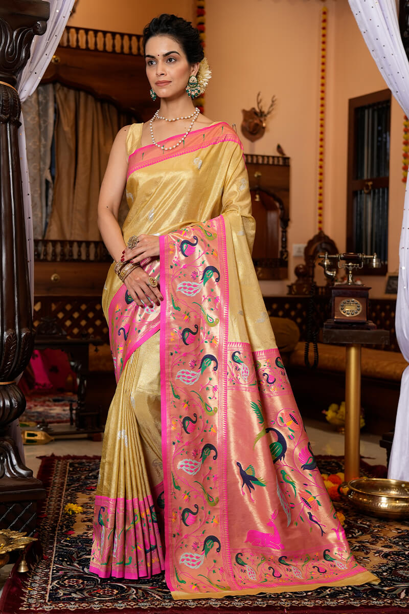 Refreshing Yellow Paithani Silk Saree With Ailurophile Blouse Piece