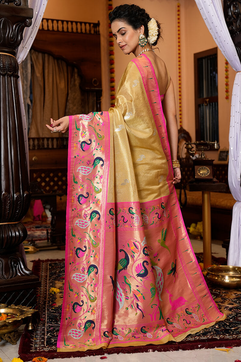 Refreshing Yellow Paithani Silk Saree With Ailurophile Blouse Piece