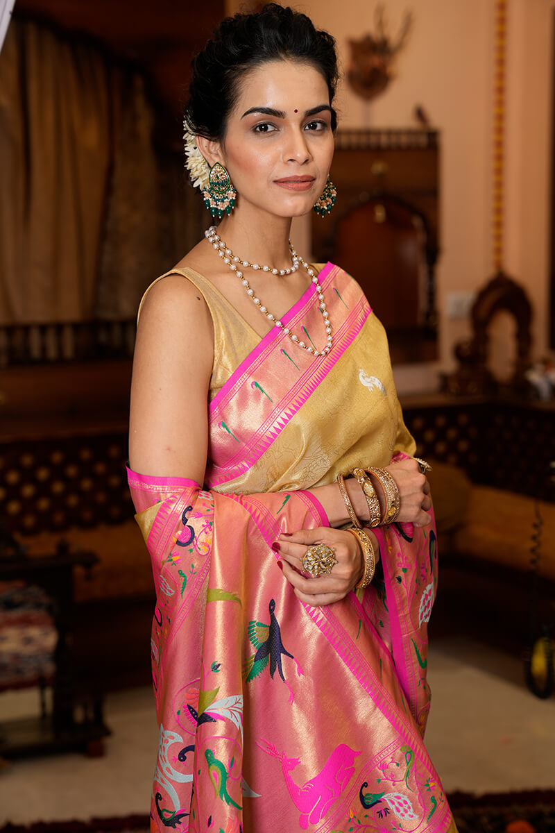 Refreshing Yellow Paithani Silk Saree With Ailurophile Blouse Piece