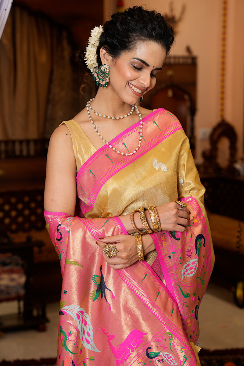 Refreshing Yellow Paithani Silk Saree With Ailurophile Blouse Piece
