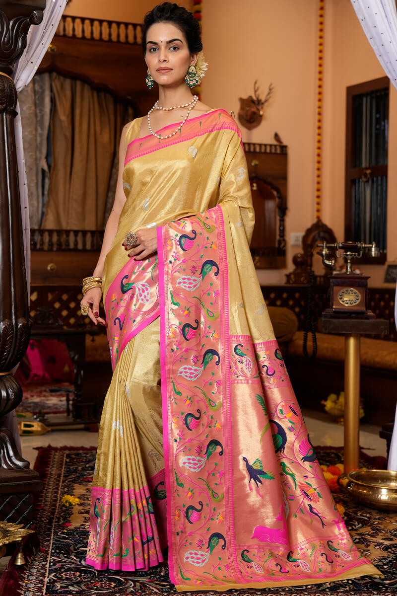 Refreshing Yellow Paithani Silk Saree With Ailurophile Blouse Piece