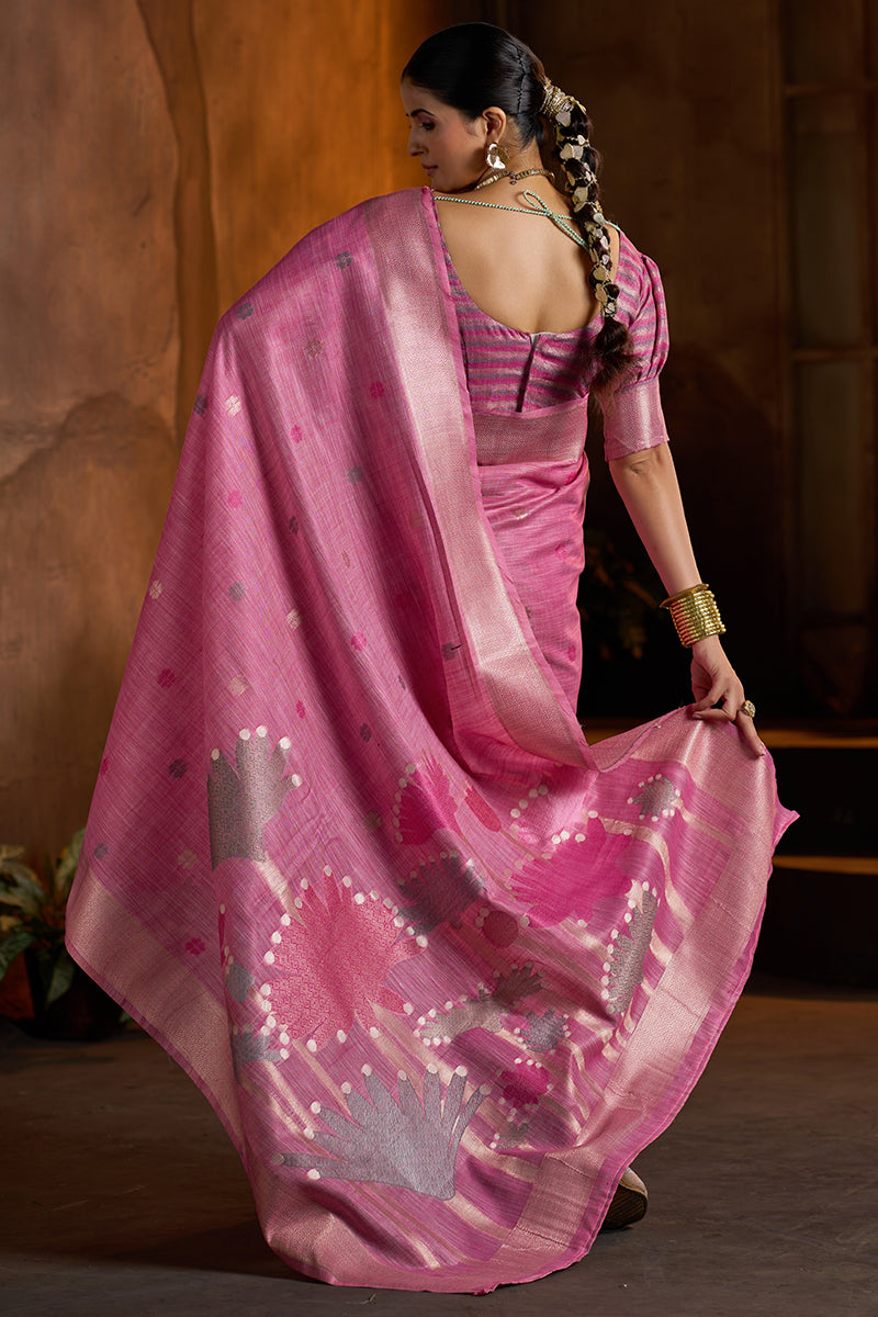 Amazing Dark Pink Cotton Silk Saree With Elaborate Blouse Piece