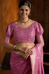 Amazing Dark Pink Cotton Silk Saree With Elaborate Blouse Piece