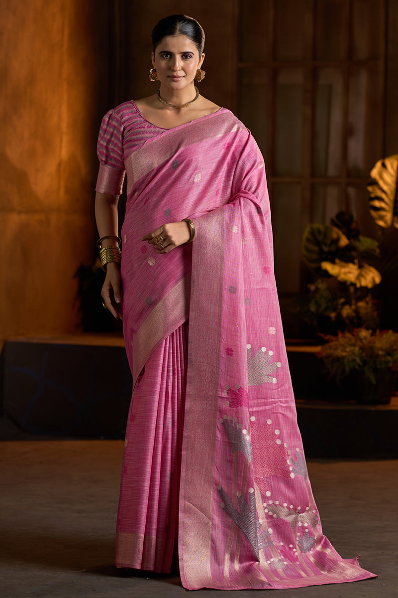 Amazing Dark Pink Cotton Silk Saree With Elaborate Blouse Piece