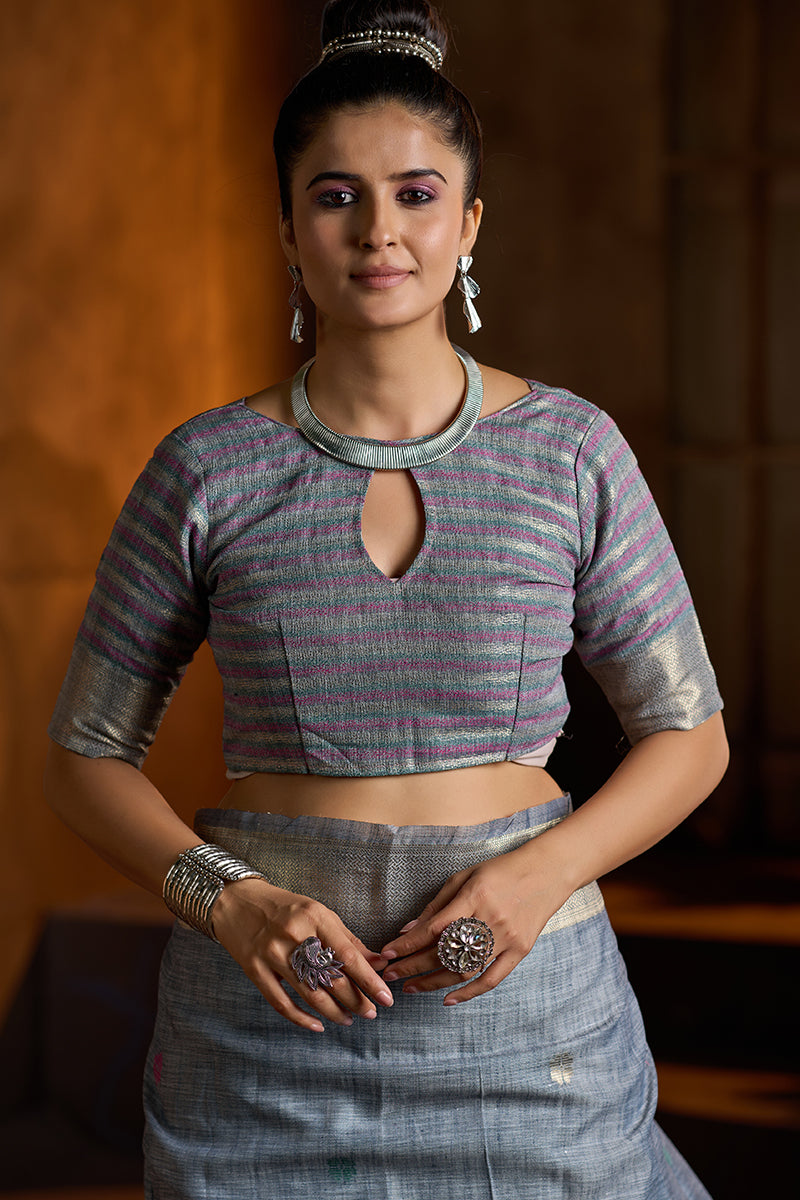 Aplomb Grey Cotton Silk Saree With Devastating Blouse Piece