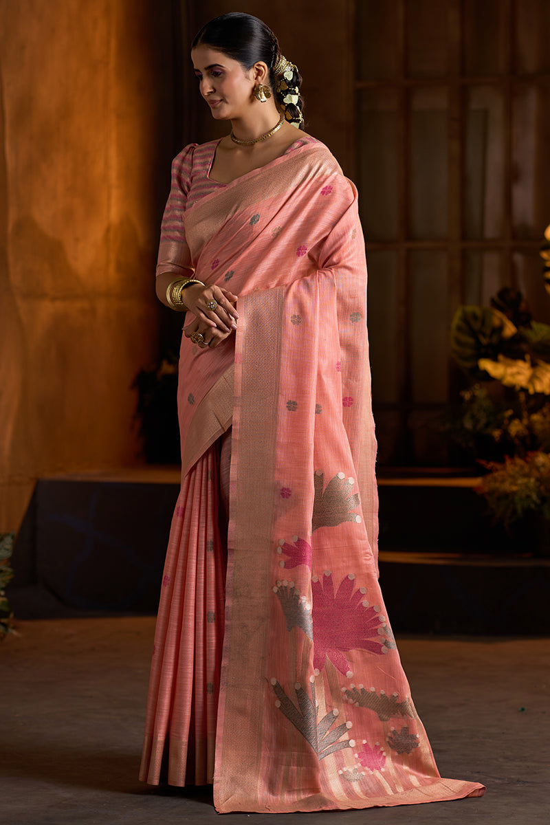 Admirable Peach Cotton Silk Saree With Beguiling Blouse Piece
