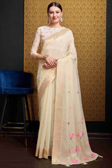 Snappy Beige Cotton Silk Saree With Lovely Blouse Piece