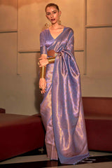 Trendy Lavender Kanjivaram Silk Saree With Marvellous Blouse Piece
