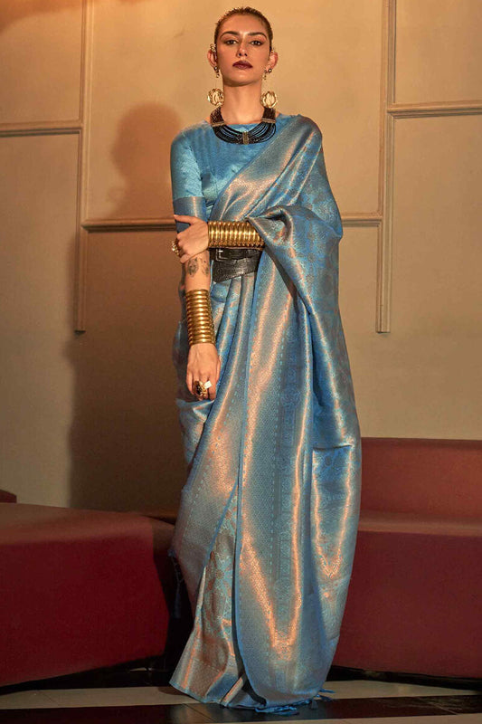 Gratifying Firozi Kanjivaram Silk Saree With Girlish Blouse Piece