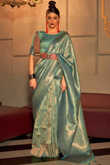 Designer Rama Kanjivaram Silk Saree With Hypnotic Blouse Piece