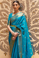 Exuberant Firozi Kanjivaram Silk Saree With Artistic Blouse Piece