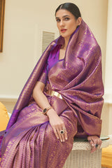 Lovely Purple Kanjivaram Silk Saree With Girlish Blouse Piece