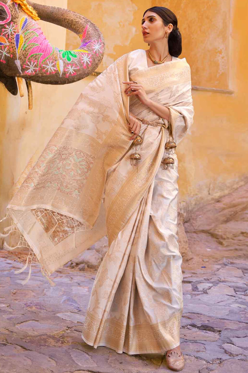 Glittering Beige Soft Banarasi Silk Saree With Tempting Blouse Piece