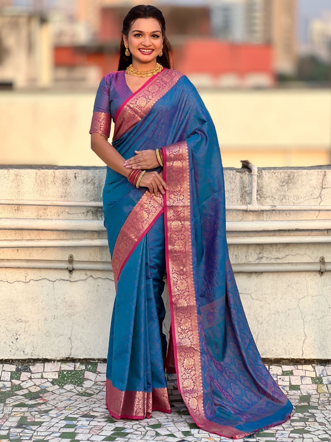 Soft Patola Silk Bandhani Weave Saree with Rich Zari Floral Border and Brocade Blouse
