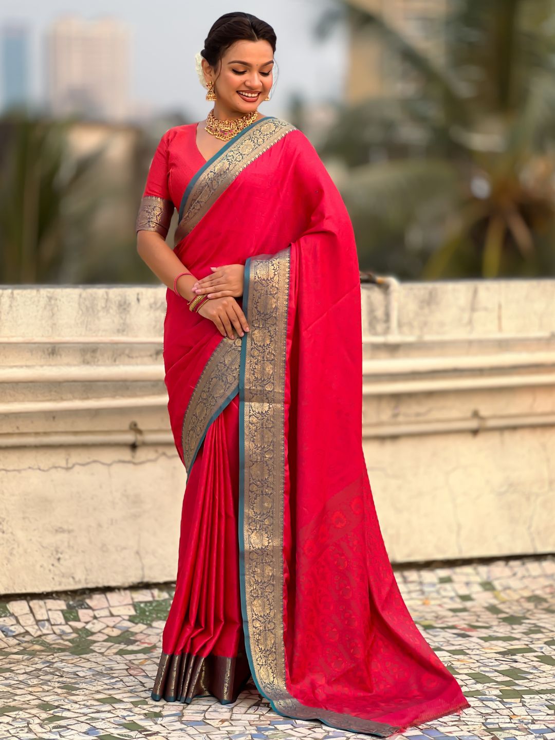 Soft Patola Silk Bandhani Weave Saree with Rich Zari Floral Border and Brocade Blouse