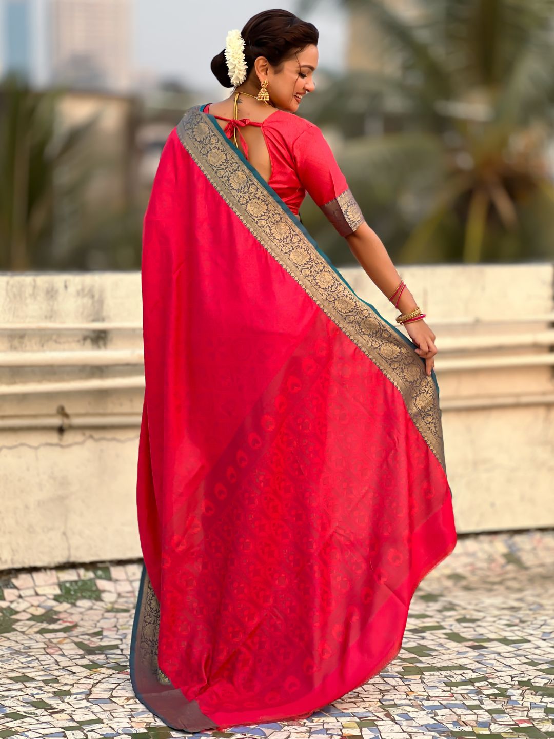 Soft Patola Silk Bandhani Weave Saree with Rich Zari Floral Border and Brocade Blouse