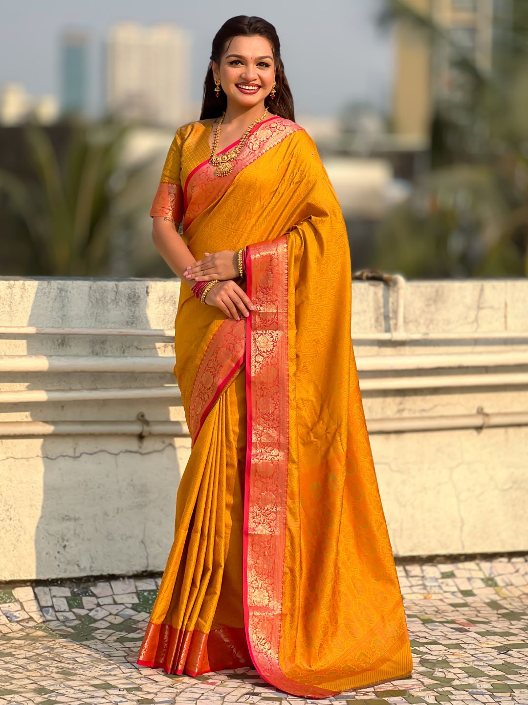 Soft Patola Silk Bandhani Weave Saree with Rich Zari Floral Border and Brocade Blouse
