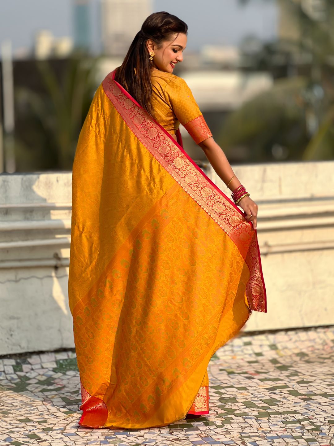 Soft Patola Silk Bandhani Weave Saree with Rich Zari Floral Border and Brocade Blouse