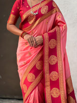 Soft Silk Peacock Zari Woven Saree with Rich Pallu and Contrast Border for Wedding and Festive Wear