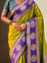 Soft Silk Peacock Zari Woven Saree with Rich Pallu and Contrast Border for Wedding and Festive Wear
