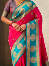 Soft Silk Peacock Zari Woven Saree with Rich Pallu and Contrast Border for Wedding and Festive Wear
