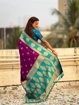 Soft Silk Peacock Zari Woven Saree with Rich Pallu and Contrast Border for Wedding and Festive Wear