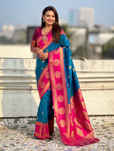 Soft Silk Peacock Zari Woven Saree with Rich Pallu and Contrast Border for Wedding and Festive Wear