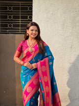 Soft Silk Peacock Zari Woven Saree with Rich Pallu and Contrast Border for Wedding and Festive Wear