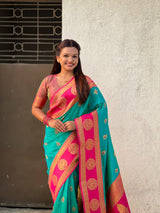 Soft Silk Peacock Zari Woven Saree with Rich Pallu and Contrast Border for Wedding and Festive Wear