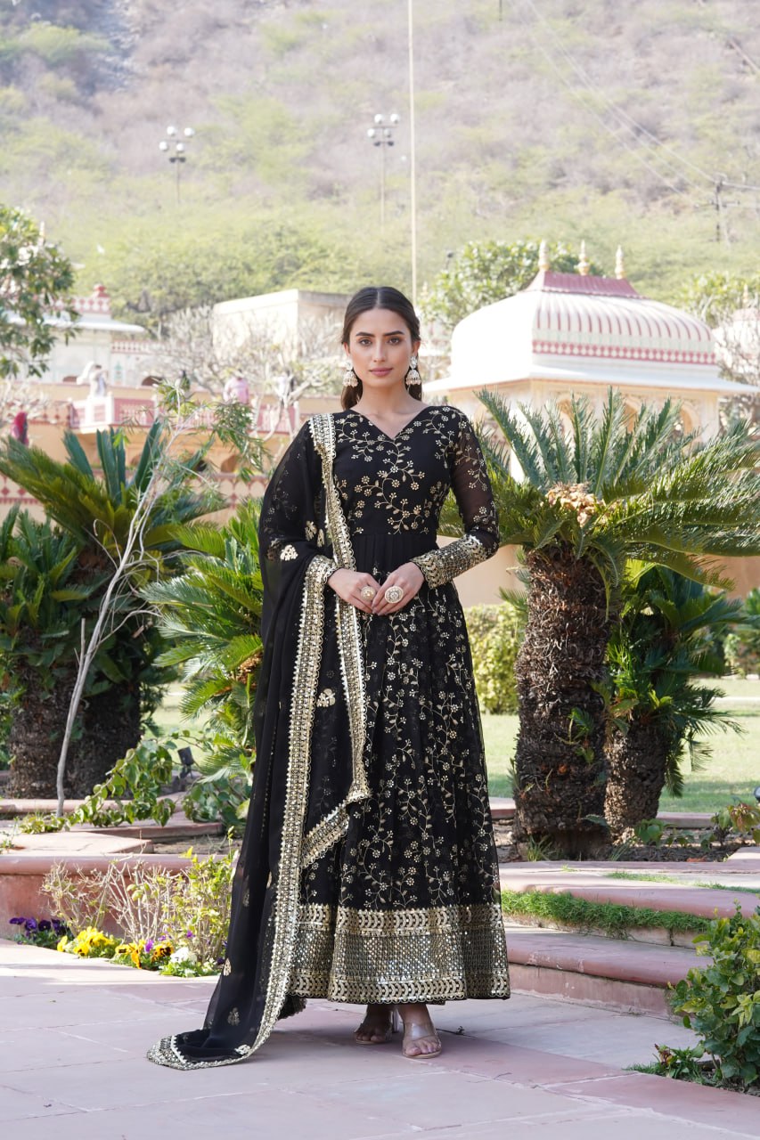 Embroidered Faux Blooming Georgette Flared Black Gown with Dupatta
