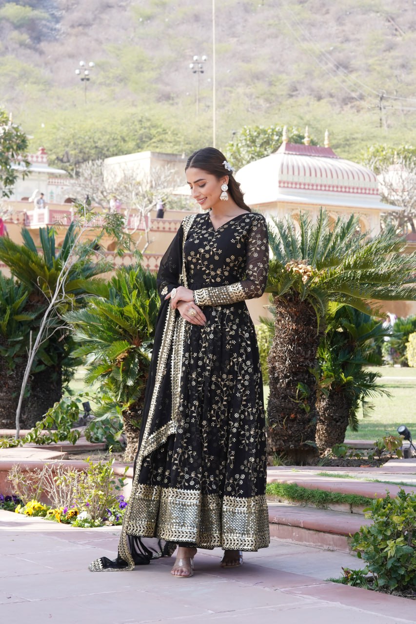 Embroidered Faux Blooming Georgette Flared Black Gown with Dupatta
