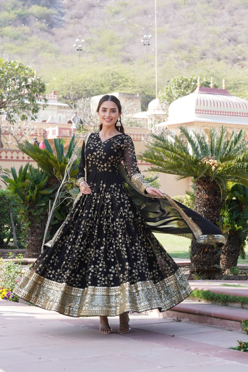 Embroidered Faux Blooming Georgette Flared Black Gown with Dupatta