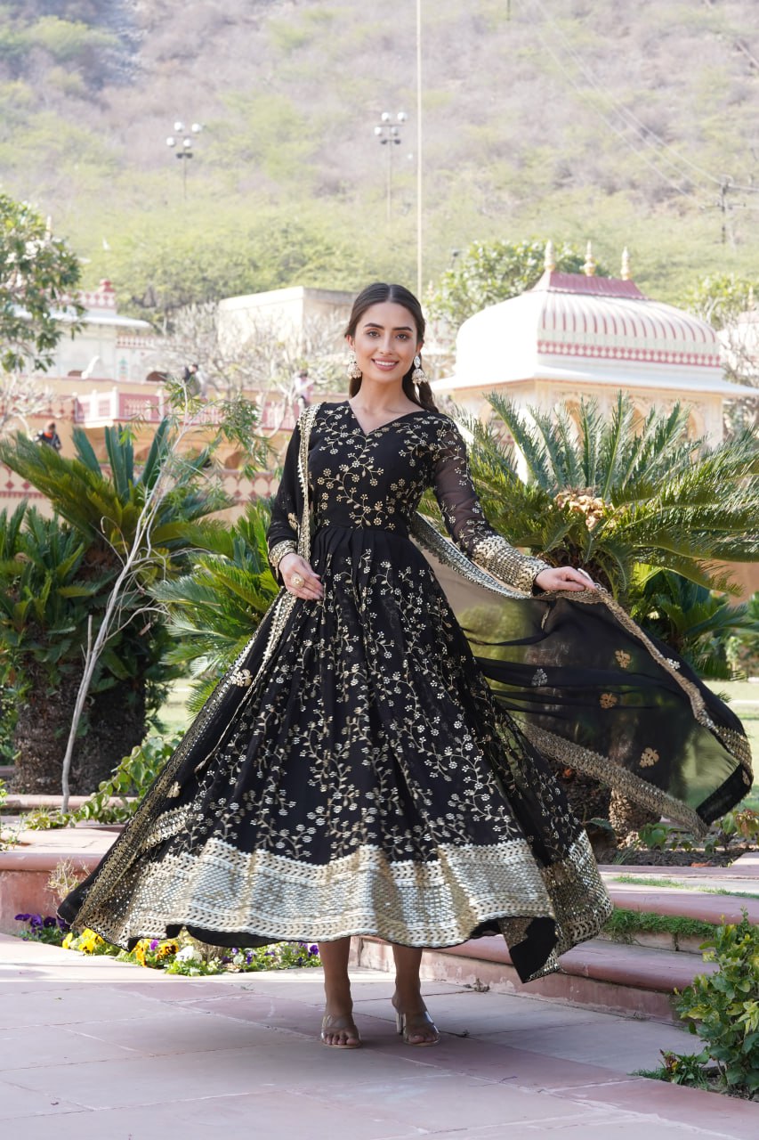 Embroidered Faux Blooming Georgette Flared Black Gown with Dupatta