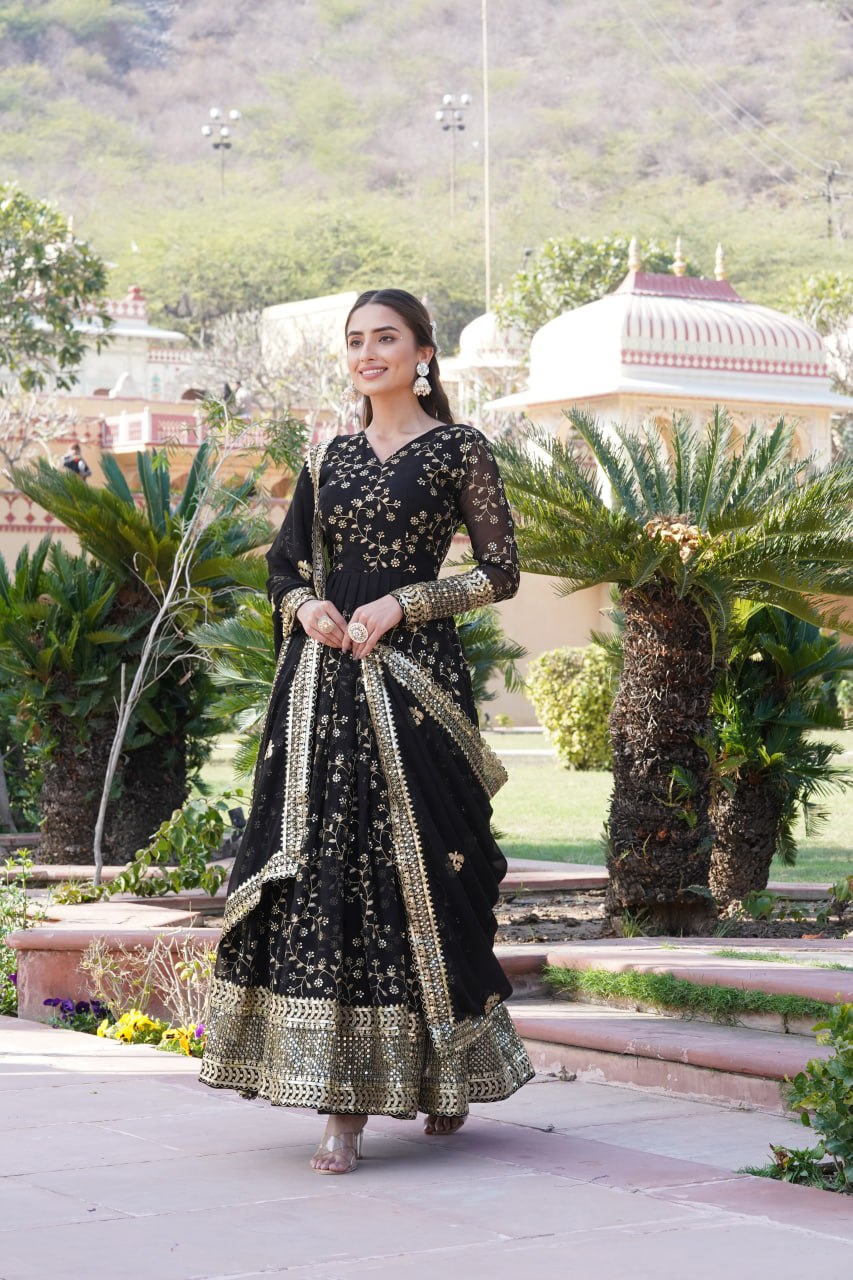 Embroidered Faux Blooming Georgette Flared Black Gown with Dupatta
