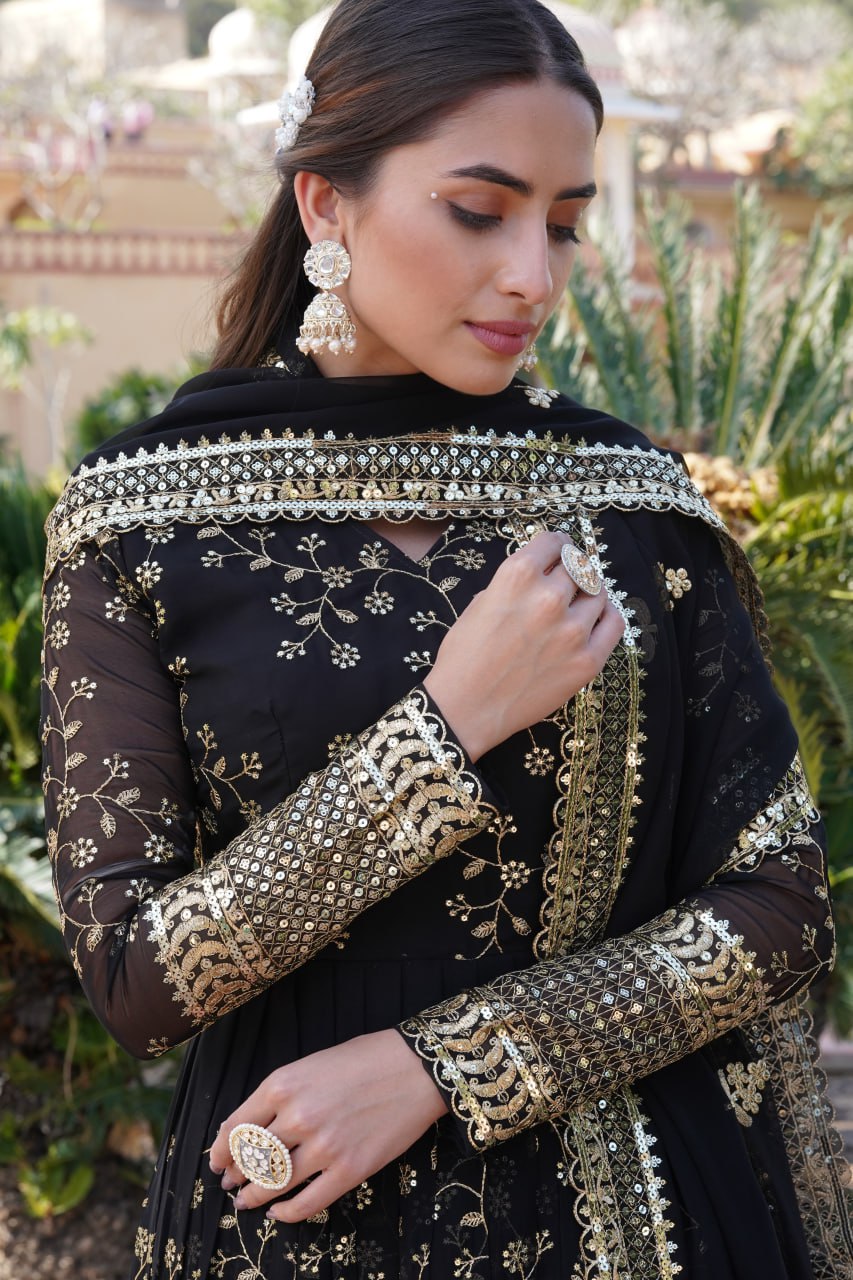 Embroidered Faux Blooming Georgette Flared Black Gown with Dupatta