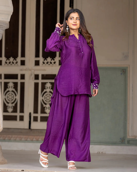 Purple Embroidered Silk Kurta Set